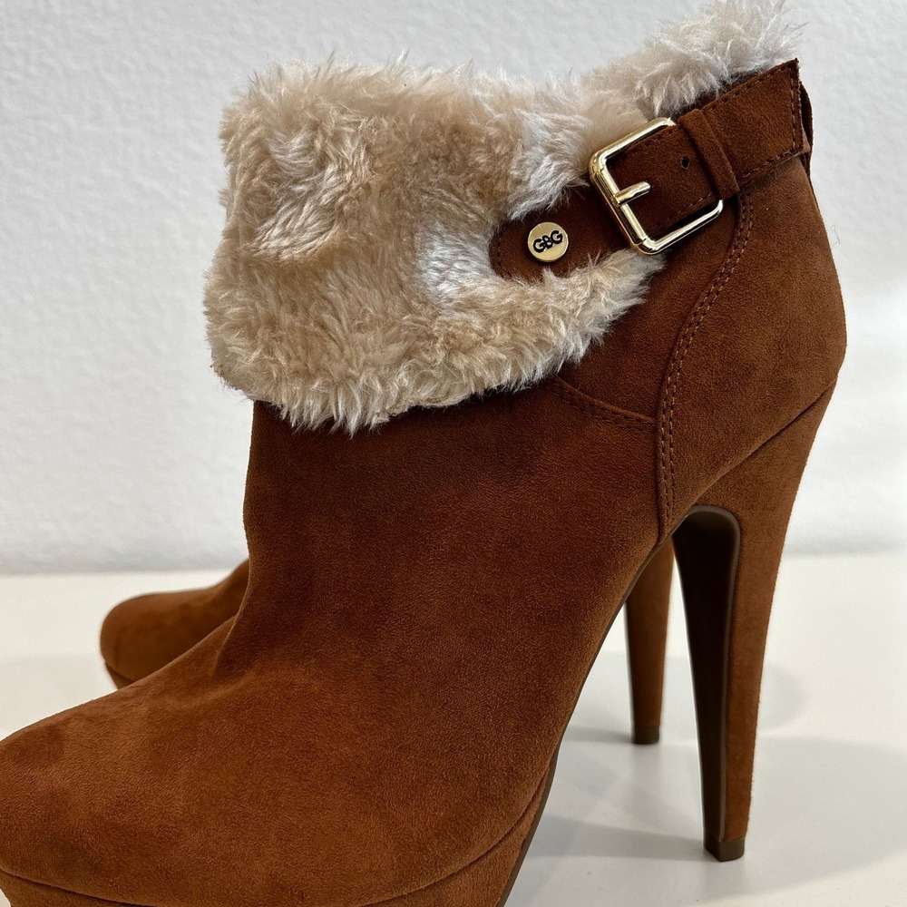 GUESS Womens Size 9M Brown Faux Fur Trim Heeled Ankle Boots Buckle Stiletto Boot
